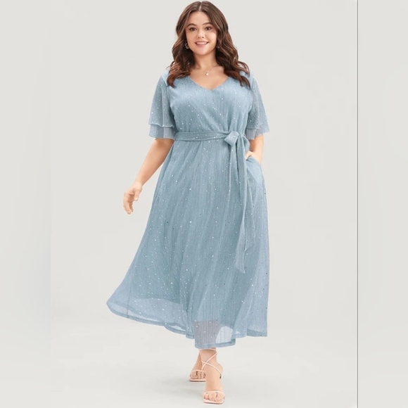 BloomChic Dresses & Skirts - Chiffon, Sparkly Dress, W/ Ruffle Sleeves, Belt, & Pockets, Blue, Size 14-16 1X